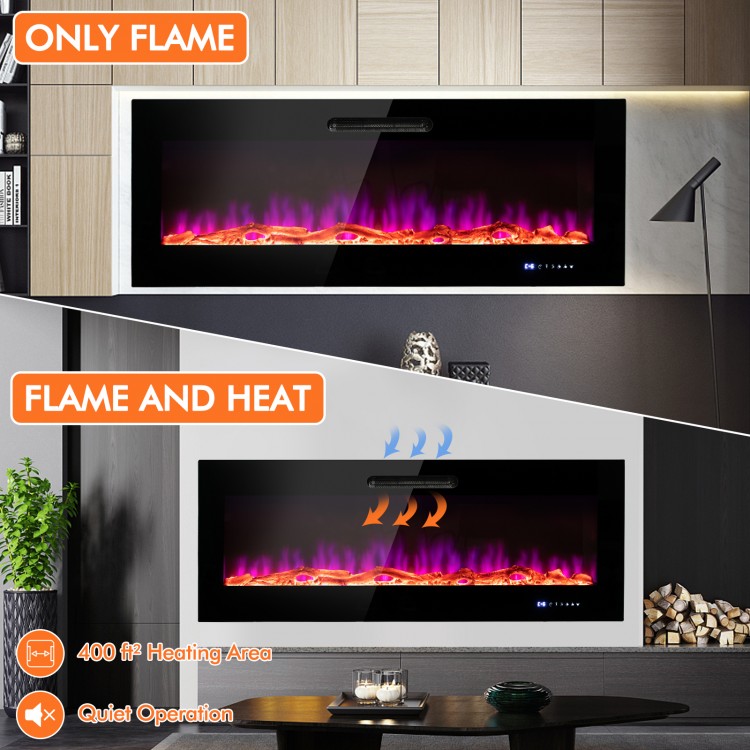 50-inch wall-mounted electric fireplace with realistic flame, decorative crystals, and adjustable heat for cozy.