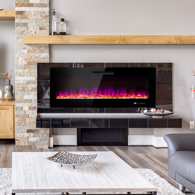 Wall-mounted 60-inch electric fireplace with realistic flame, decorative crystals, and logs for cozy ambiance in any.