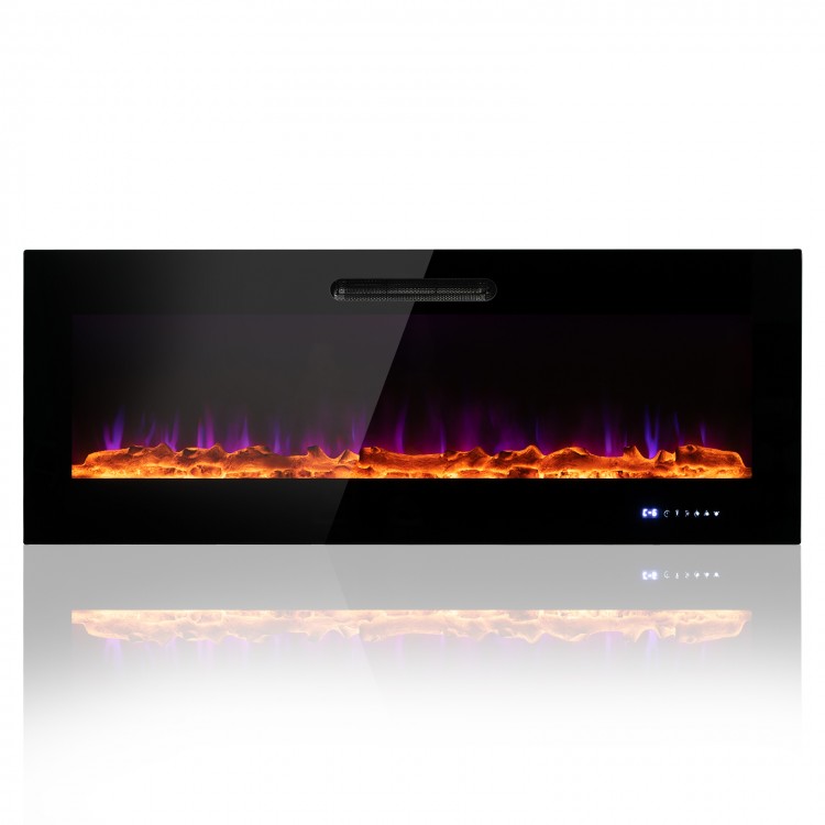 60-inch wall-mounted electric fireplace with realistic flames, decorative crystals, and adjustable brightness for cozy.