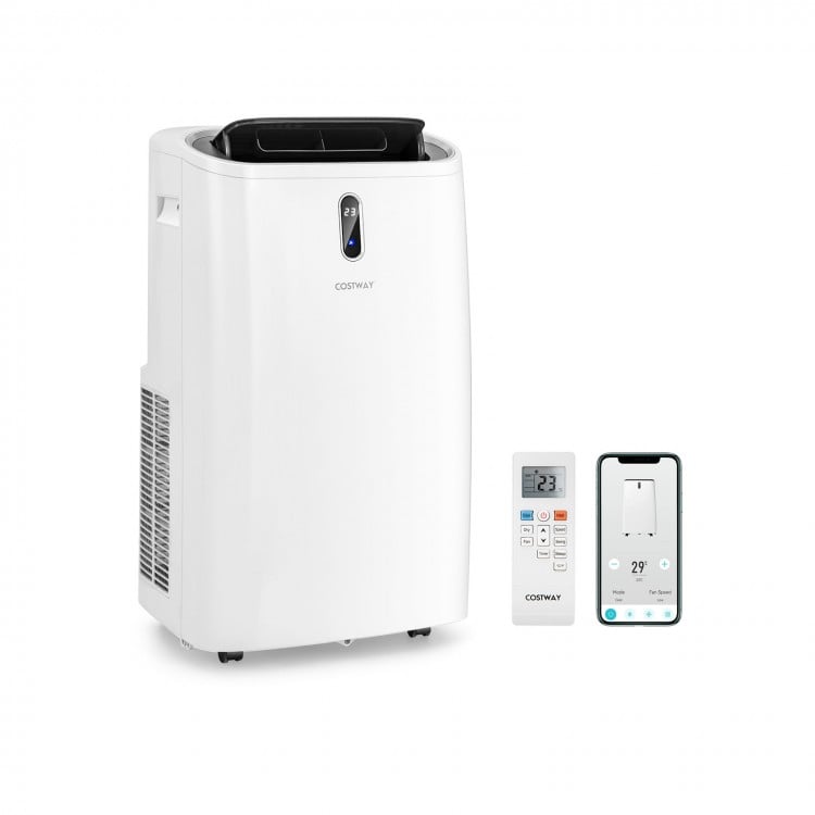 12000 BTU portable air conditioner in white with remote control and smartphone app for smart cooling and heating.