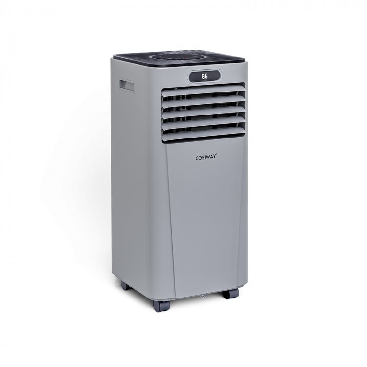 Gray portable air conditioner with remote control, featuring a sleek design and adjustable temperature from 60.8℉ to.