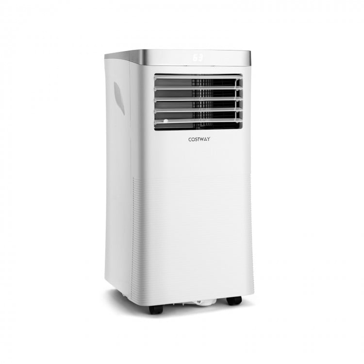 8000 BTU portable air conditioner in white, featuring a compact design, remote control, and rolling casters for easy.
