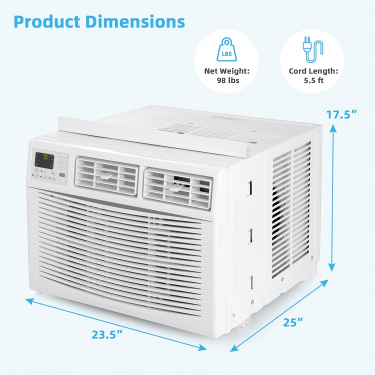 15000 BTU window air conditioner in white, showcasing dimensions of 23.5" x 25" x 17.5", ideal for cooling 800 sq.ft.