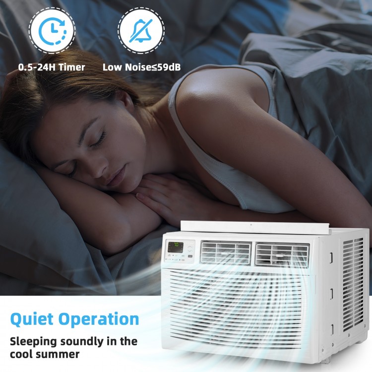 10000 BTU window air conditioner in white, featuring quiet operation and adjustable temperature for customized comfort.