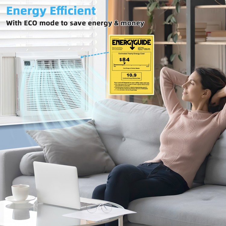 10000 BTU window air conditioner in white with ECO mode, cooling 450 sq.ft. for energy-efficient comfort.