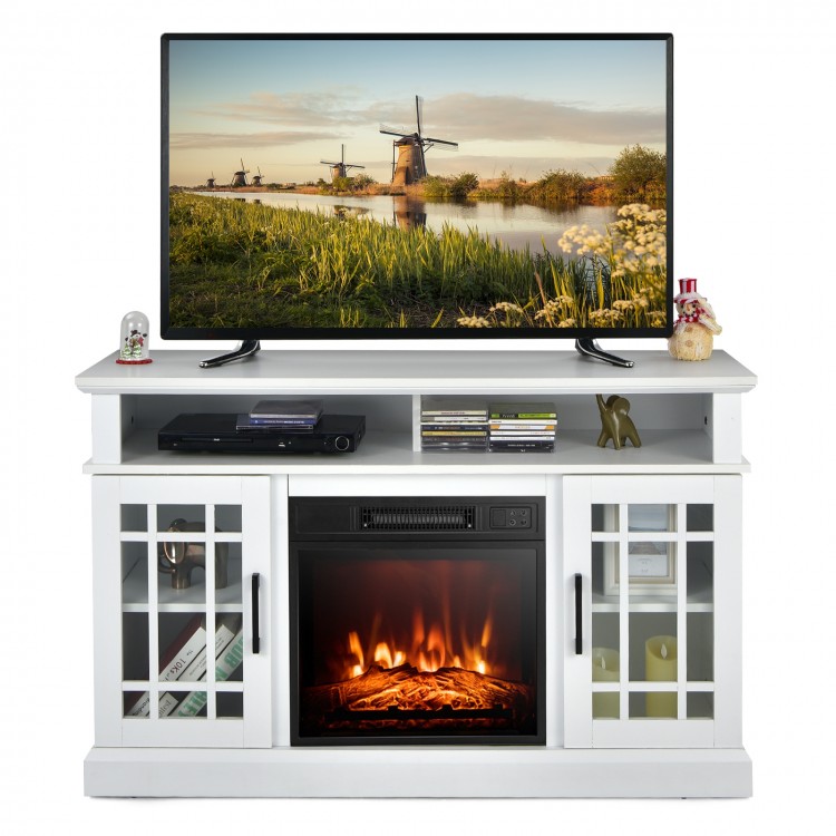 Side view of the 48-inch white electric fireplace TV stand, highlighting the spacious countertop and elegant 3D flame.