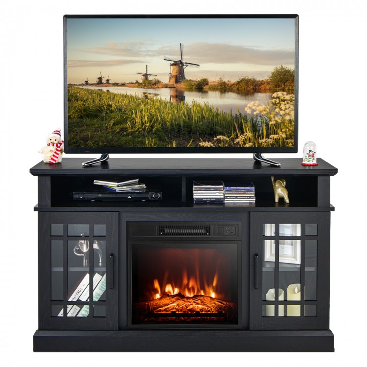 Front view of the 48-inch electric fireplace TV stand in black, featuring spacious cabinets and a realistic flame.