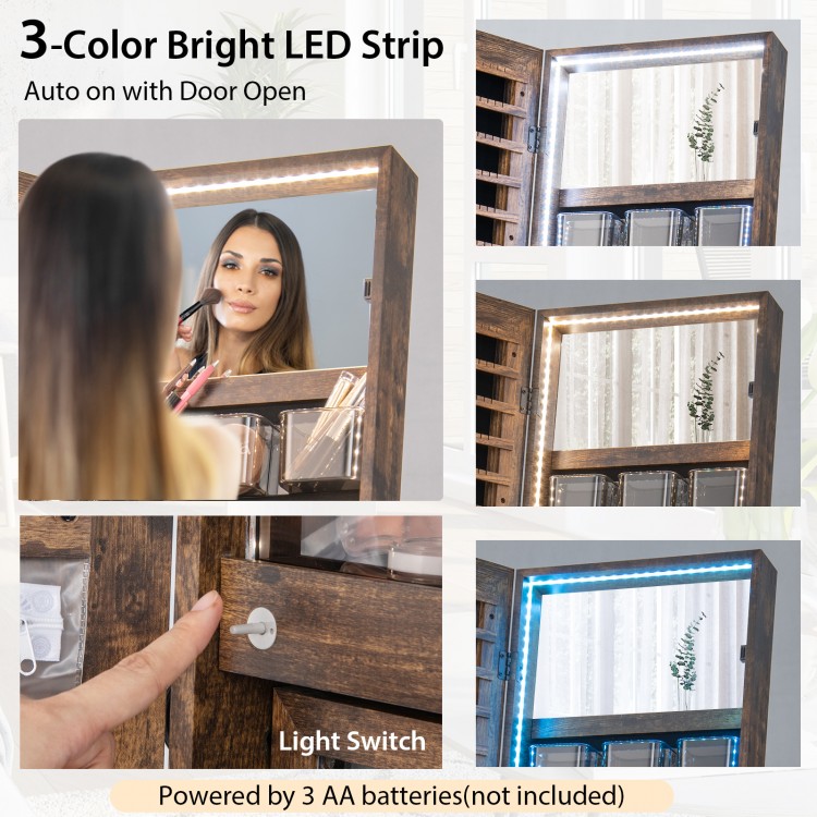 Freestanding jewelry cabinet in rustic brown with full-length mirror, 3-color LED lights, and multiple storage options.