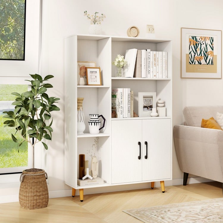 Free standing pantry cabinet with 5 shelves and 2-door storage, ideal for living room or office organization.