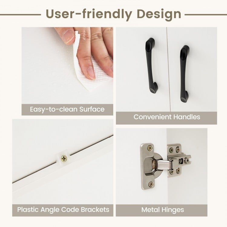 User-friendly design features include easy-to-clean surface, convenient handles, and sturdy metal hinges for the pantry.