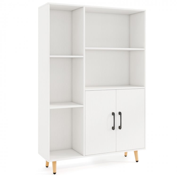 Free standing pantry cabinet with 2 doors, 5 shelves, and sturdy metal legs for versatile storage in any room.