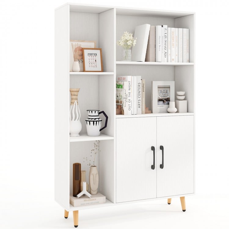 Free standing pantry cabinet with 2 doors and 5 shelves, featuring a modern design for living room or office storage.