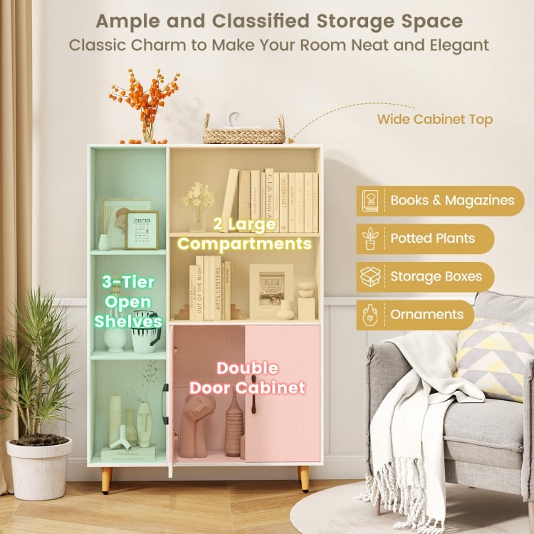 Free standing pantry cabinet with 5 shelves and 2-door cabinet, perfect for organizing books and potted plants.