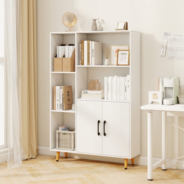Free standing pantry cabinet with 5 shelves and 2-door cabinet, ideal for living room or office storage solutions.