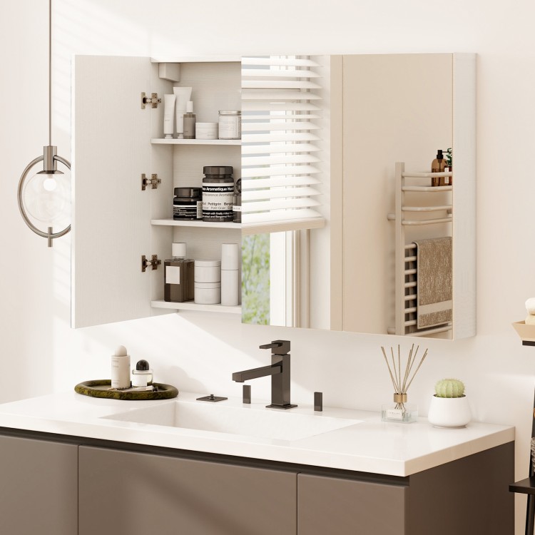 Frameless bathroom wall-mounted mirror cabinet with three doors, featuring ample storage and soft close hinges.