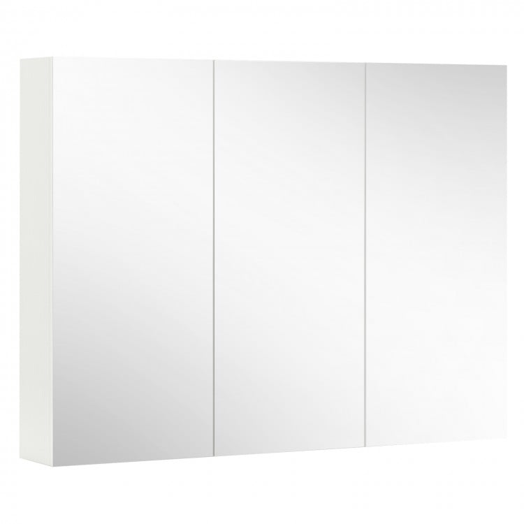 Frameless bathroom wall-mounted mirror cabinet with 3 high-definition mirrored doors and ample storage compartments.