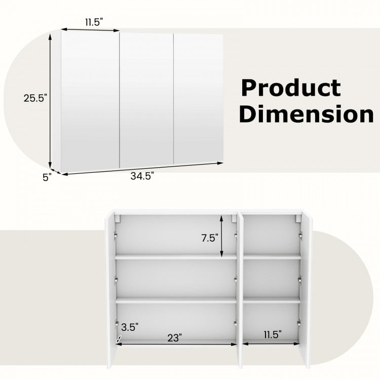 Frameless bathroom wall-mounted mirror cabinet dimensions with 3 mirrored doors and 6 storage compartments for.
