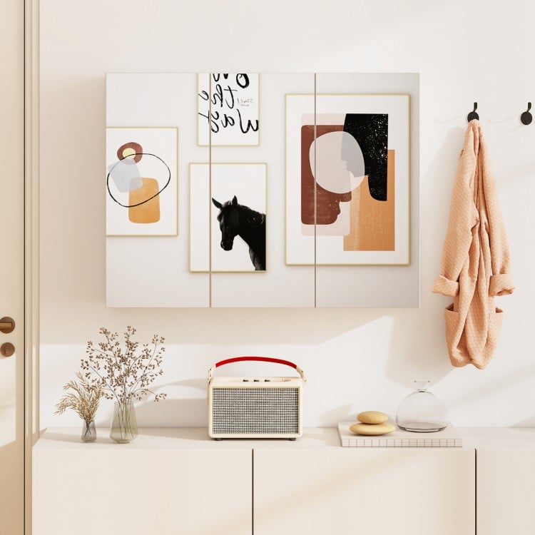 Frameless bathroom wall-mounted mirror cabinet with three mirrored doors and ample storage space for versatile use.