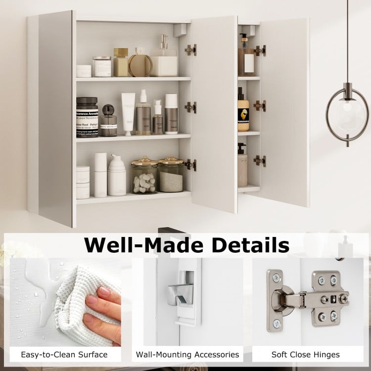 Frameless bathroom wall-mounted mirror cabinet featuring easy-to-clean surface and soft close hinges for enhanced.