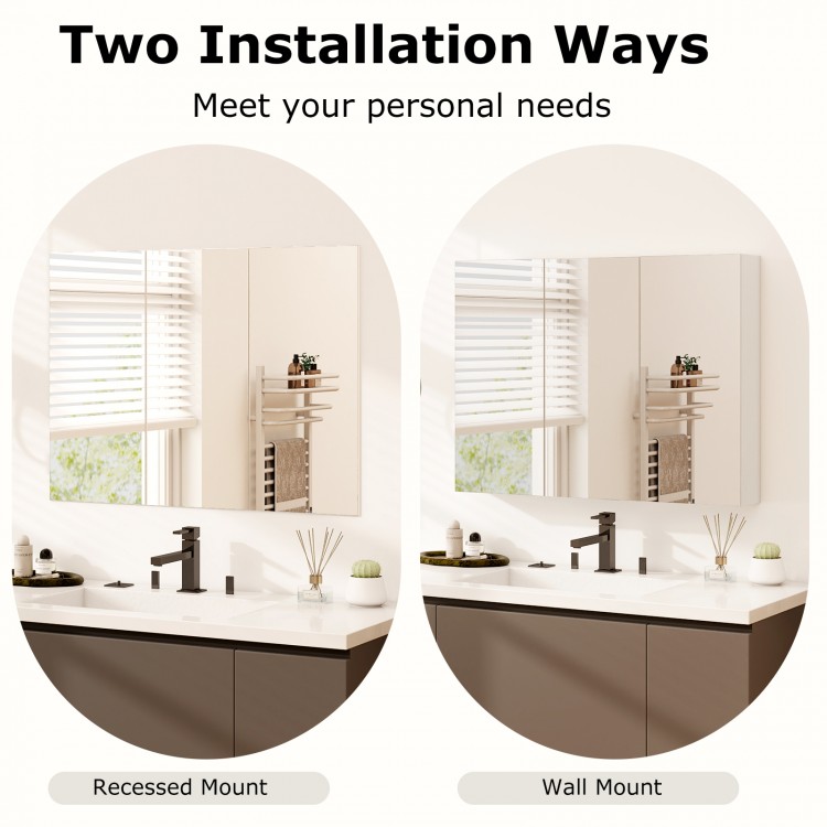 Frameless bathroom mirror cabinet with 3 mirrored doors, showing recessed and wall mount options for versatile.