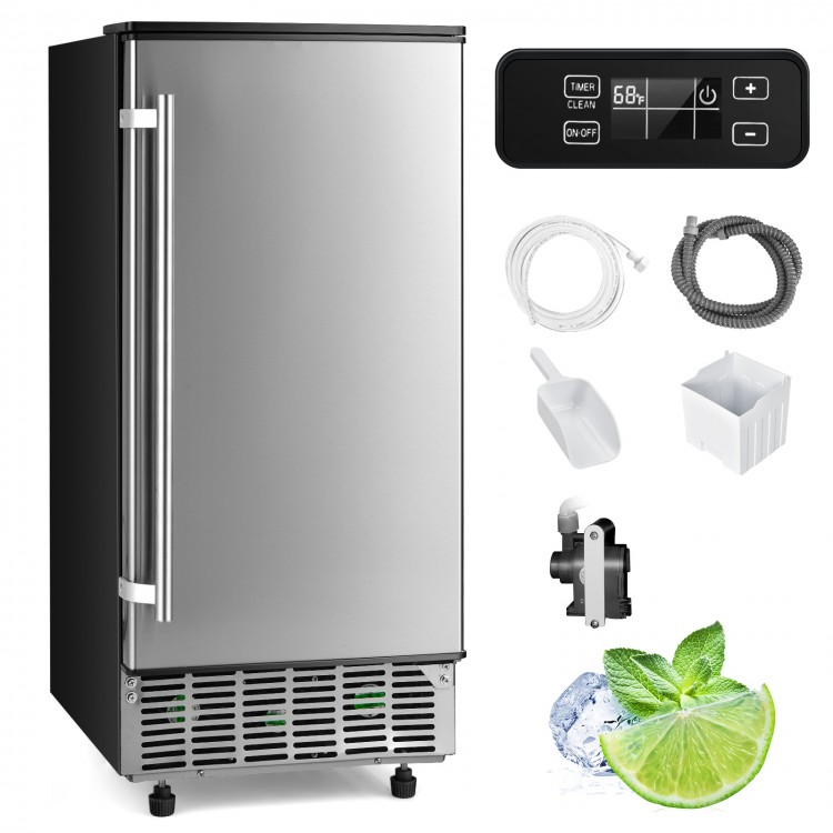Free-standing built-in undercounter ice maker in silver with LCD display, removable ice bin, and adjustable legs for.