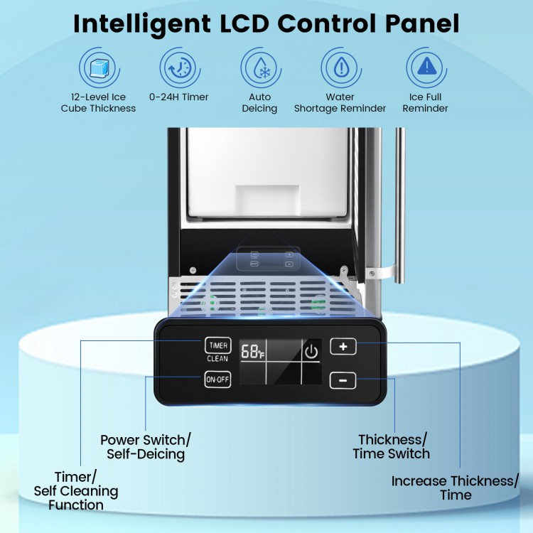 LCD control panel of the Free-Standing Built-In Undercounter Ice Maker with timer and thickness settings.