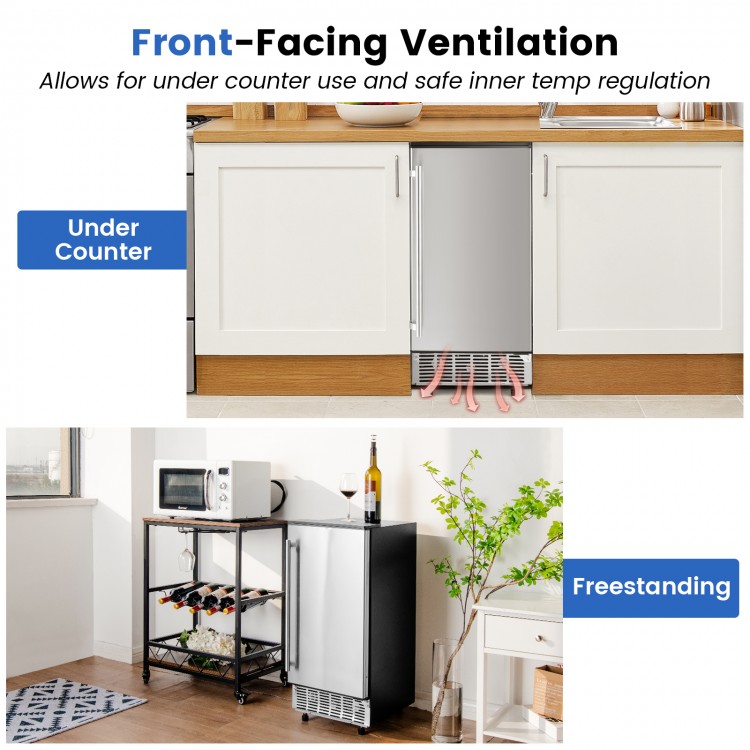 Free-standing ice maker with stainless steel door, adjustable legs, and LCD display for efficient ice production.