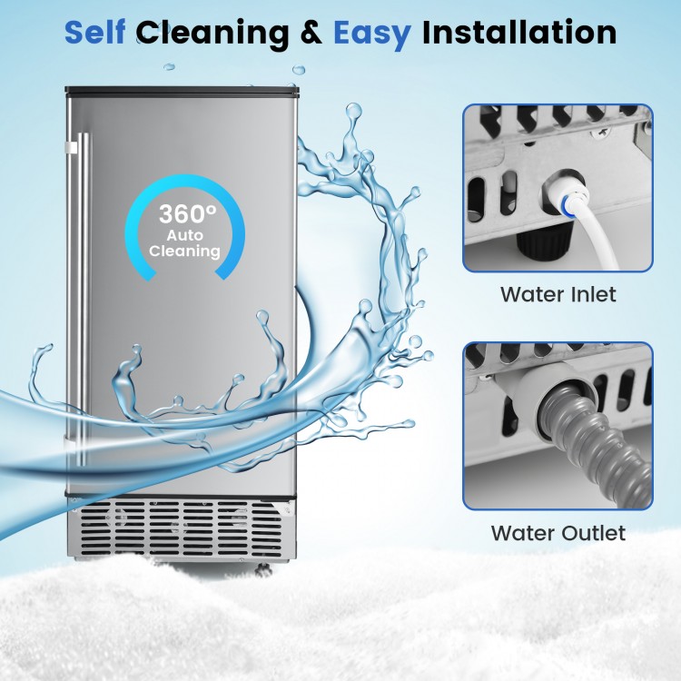 Free-standing built-in ice maker in silver with self-cleaning, water inlet, and outlet features for easy installation.