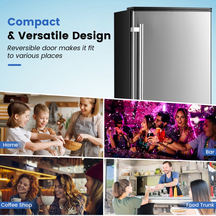 Freestanding undercounter ice maker in silver with reversible door, ideal for home, bar, or coffee shop use.