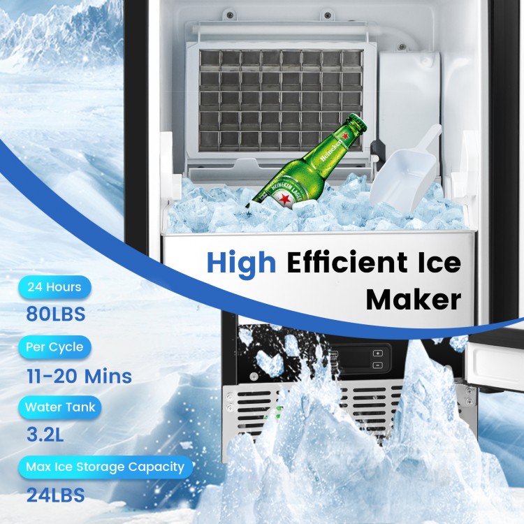 High efficient ice maker with a stainless steel door, 80 lbs daily yield, and 3.2L water tank for convenient ice.