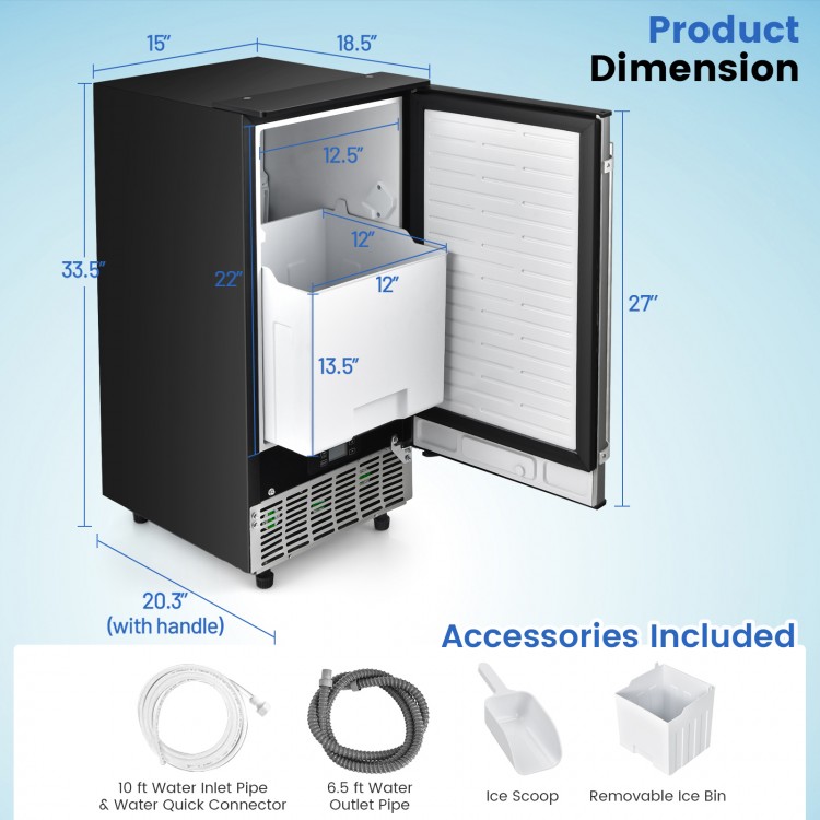 Free-standing built-in undercounter ice maker with stainless steel door, LCD display, and removable ice bin for.