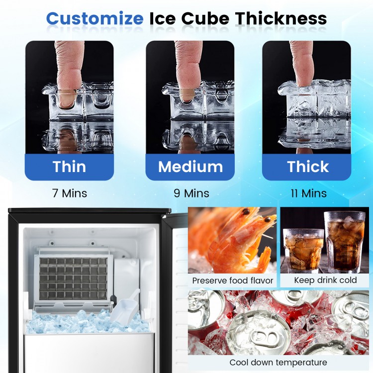 Adjustable ice thickness settings for the Free-Standing Built-In Undercounter Ice Maker, showcasing thin, medium, and.