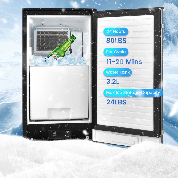 Free-standing undercounter ice maker with stainless steel door, 80 lbs daily yield, and removable ice bin for easy.