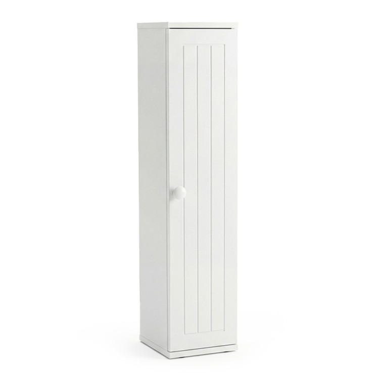 White free-standing toilet paper holder featuring a hinged door and detachable shelves for versatile bathroom.