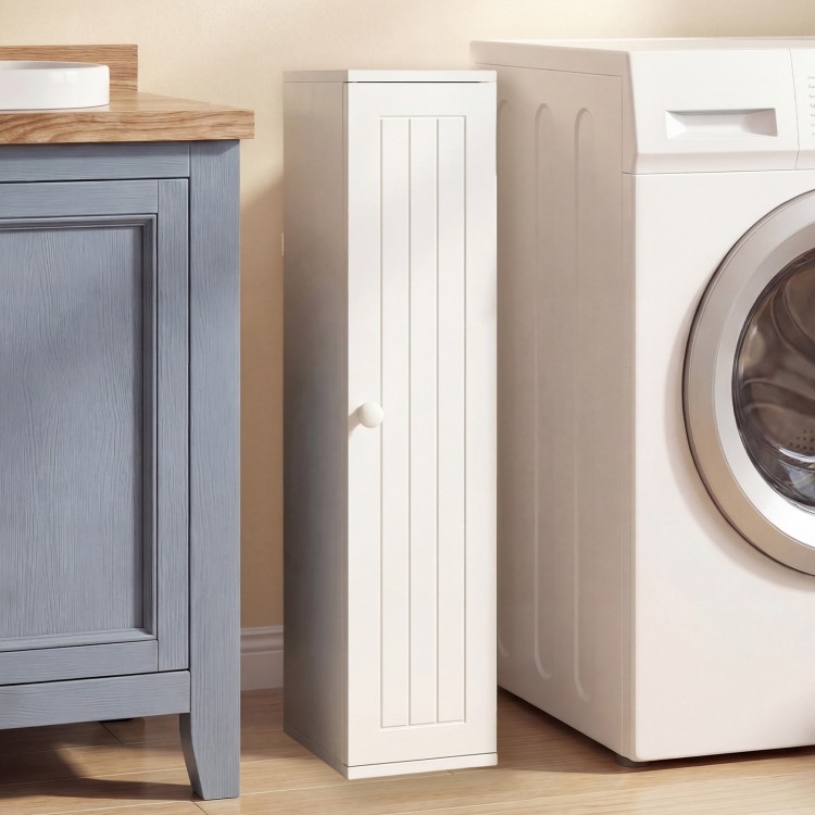 Side view of the white free-standing toilet paper holder with 4 shelves, featuring a hinged door for easy access.