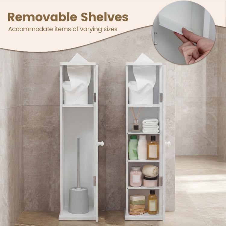 Free standing toilet paper holder in white with 4 removable shelves, ideal for compact bathroom storage solutions.