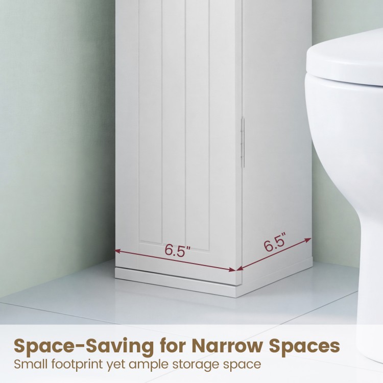 Free standing toilet paper holder in white with 4 shelves, designed for narrow spaces, ideal for bathroom storage.