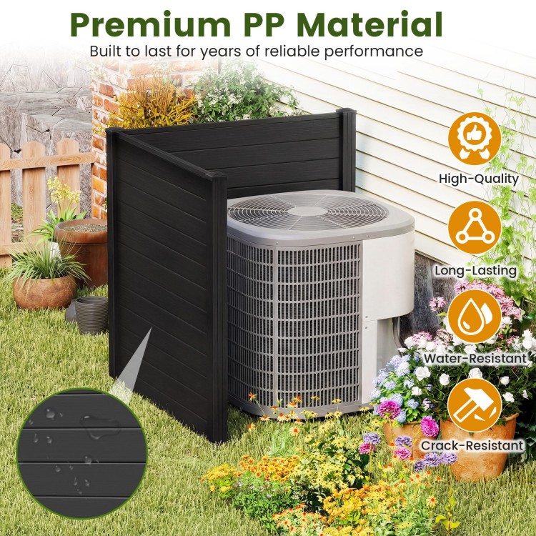 Freestanding 48 x 48 inch black air conditioner fence with metal stakes, providing privacy and stability for outdoor.