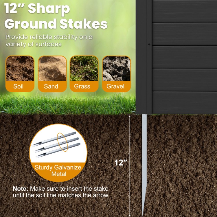 12” sharp ground stakes made of sturdy galvanized metal for reliable stability in various surfaces, ideal for outdoor.
