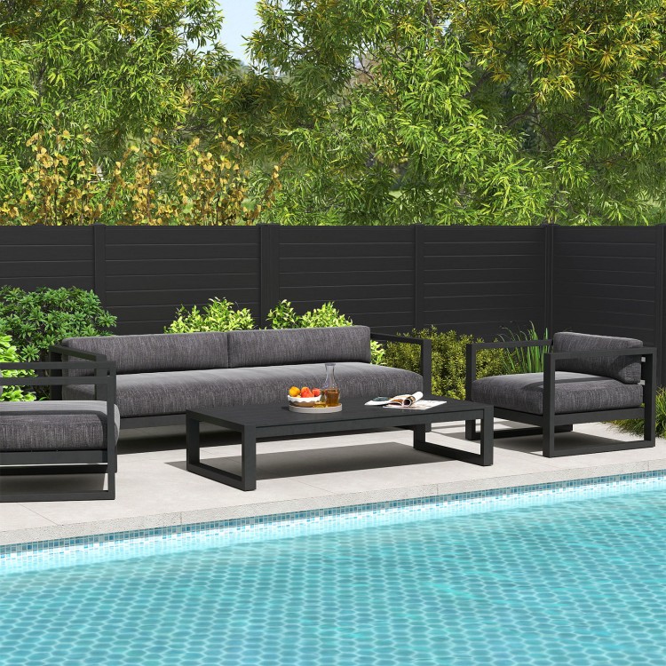 Freestanding black air conditioner fence with metal stakes, providing privacy for outdoor areas and easy installation.