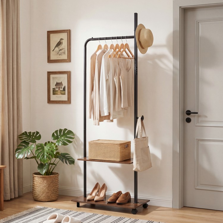 Freestanding clothing rack with wheels in rustic brown, featuring hanging rod and storage shelves for stylish.