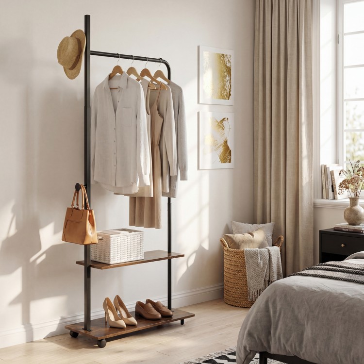 Freestanding clothing rack in rustic brown with wheels, side hooks, and storage shelves for bedroom organization.