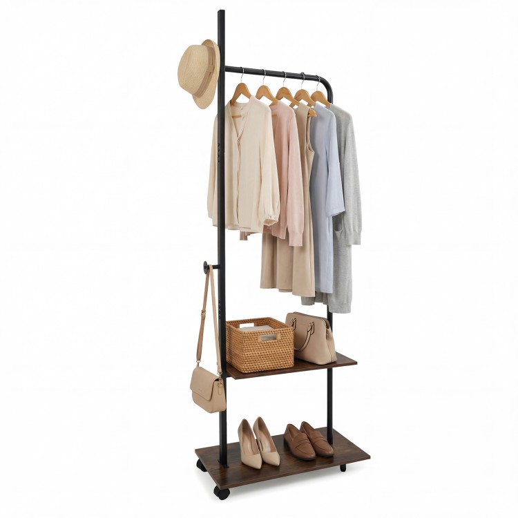 Freestanding clothing rack in rustic brown with wheels, featuring hanging rod and storage shelves for versatile.