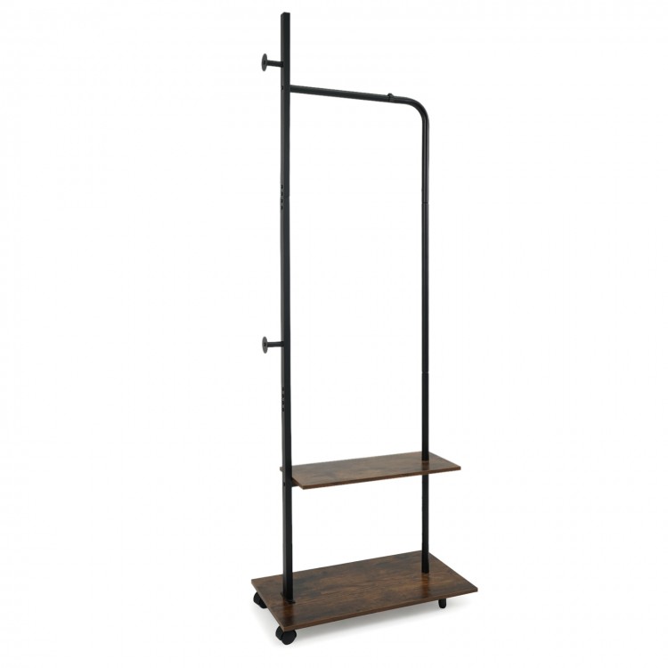 Freestanding clothing rack with wheels in rustic brown, featuring shelves and hooks for organized storage in entryway.