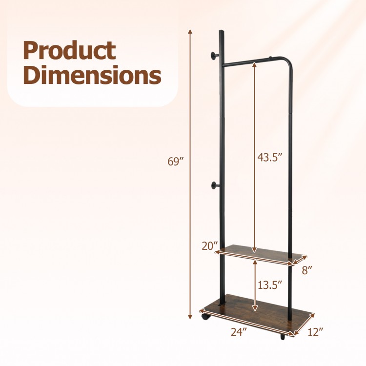 Freestanding clothing rack dimensions showing a rustic brown design with wheels and storage shelves for versatile use.