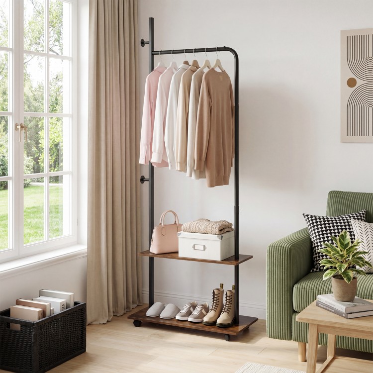 Freestanding clothing rack with wheels in rustic brown, featuring a hanging rod and storage shelves for organized.