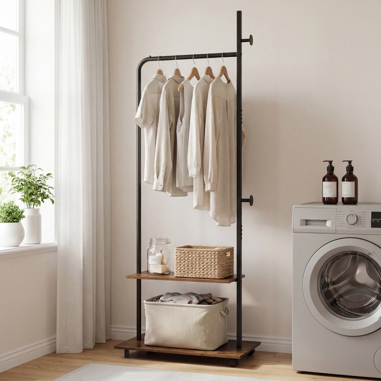 Freestanding clothing rack with wheels in rustic brown, featuring a hanging rod and storage shelves for versatile.