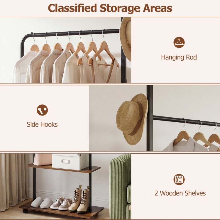 Freestanding clothing rack with wheels, rustic brown finish, features hanging rod, side hooks, and two wooden shelves.