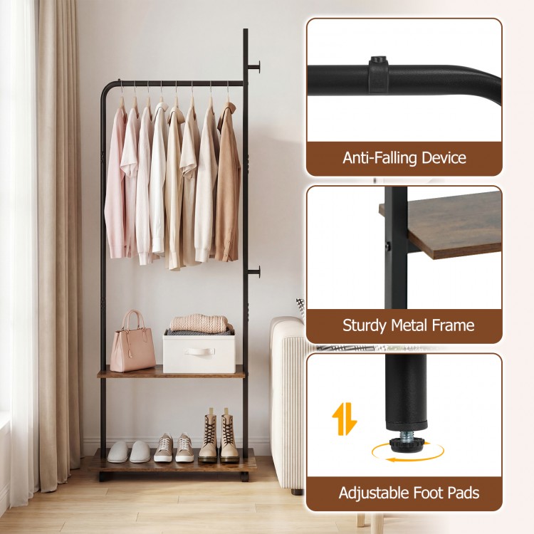 Freestanding clothing rack in rustic brown with wheels, storage shelves, and anti-falling device for versatile.