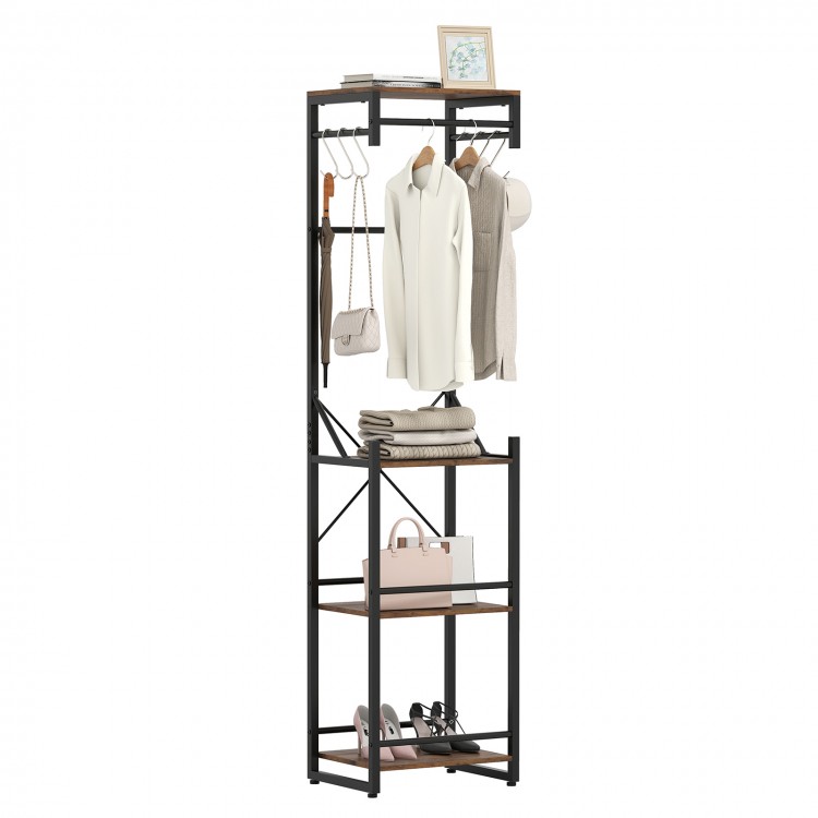 Freestanding coat rack in rustic brown with 4 shelves and 6 hooks, ideal for organizing entryways and bedrooms.